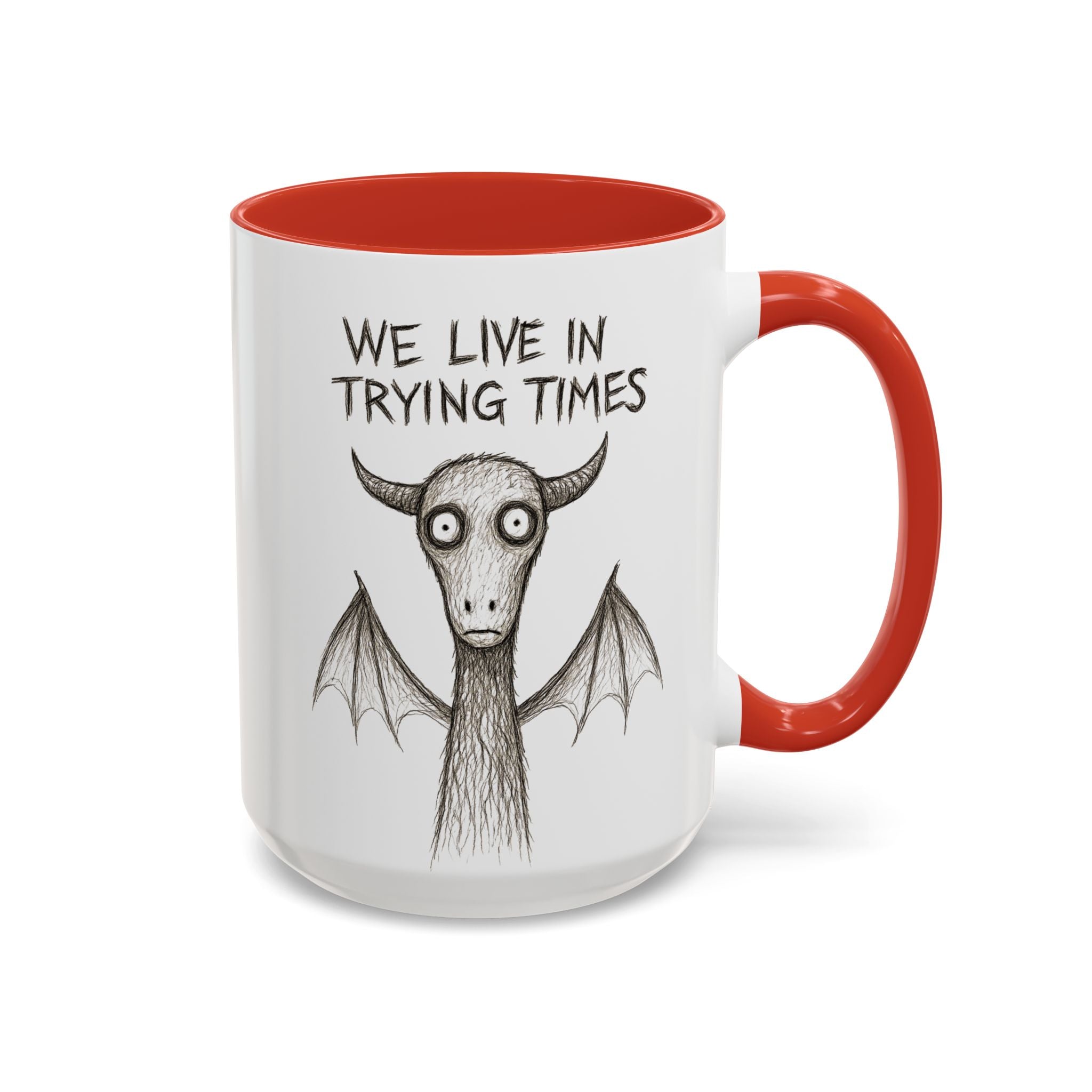 We Live in Trying Times, Jersey Devil Coffee Mug — Funny Goth Coffee Cup (11/15 oz)