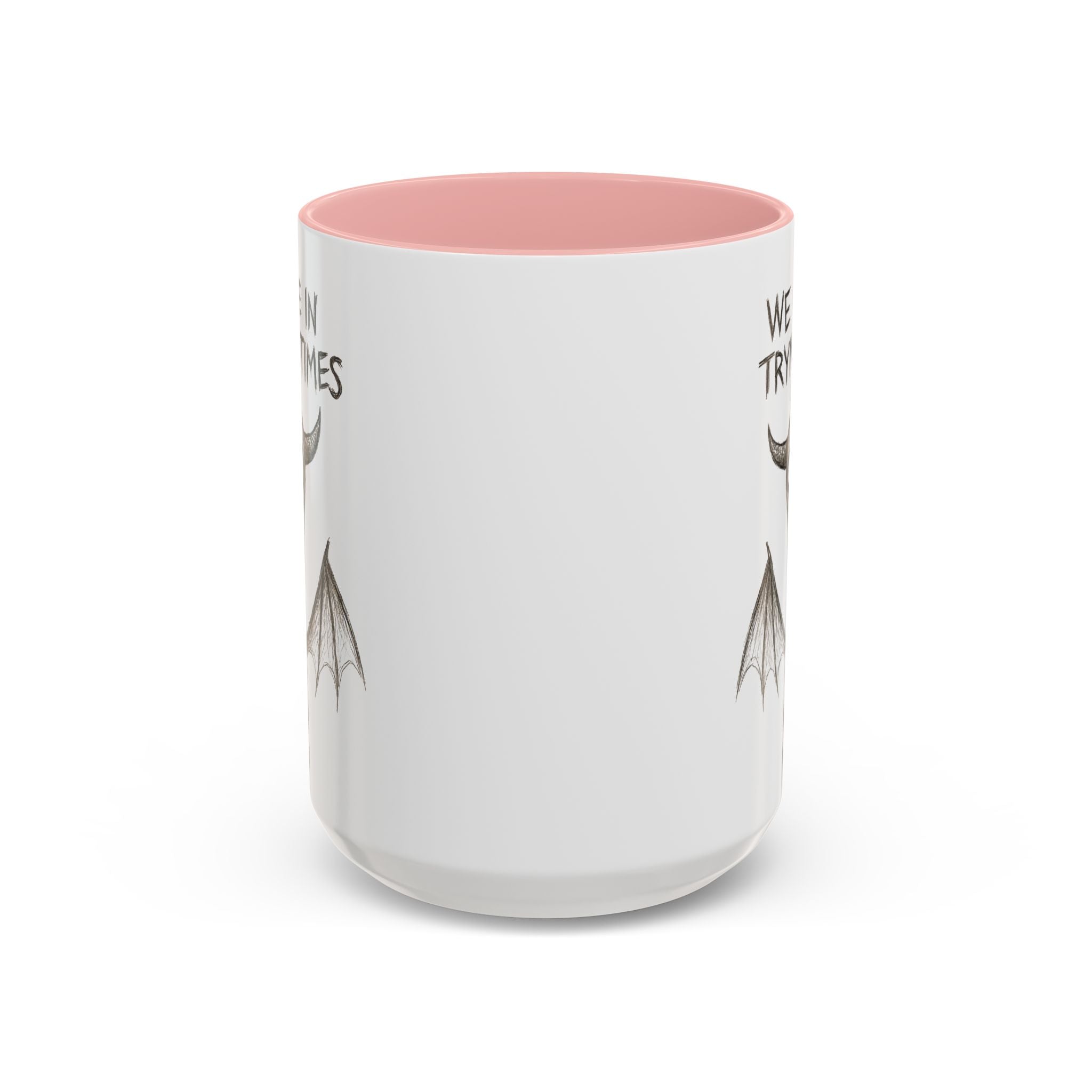 We Live in Trying Times, Jersey Devil Coffee Mug — Funny Goth Coffee Cup (11/15 oz)